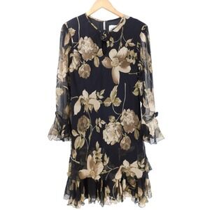 Cattiva New York Floral Chiffon Dress Black Beige Long Sleeve Ruffle Elegant